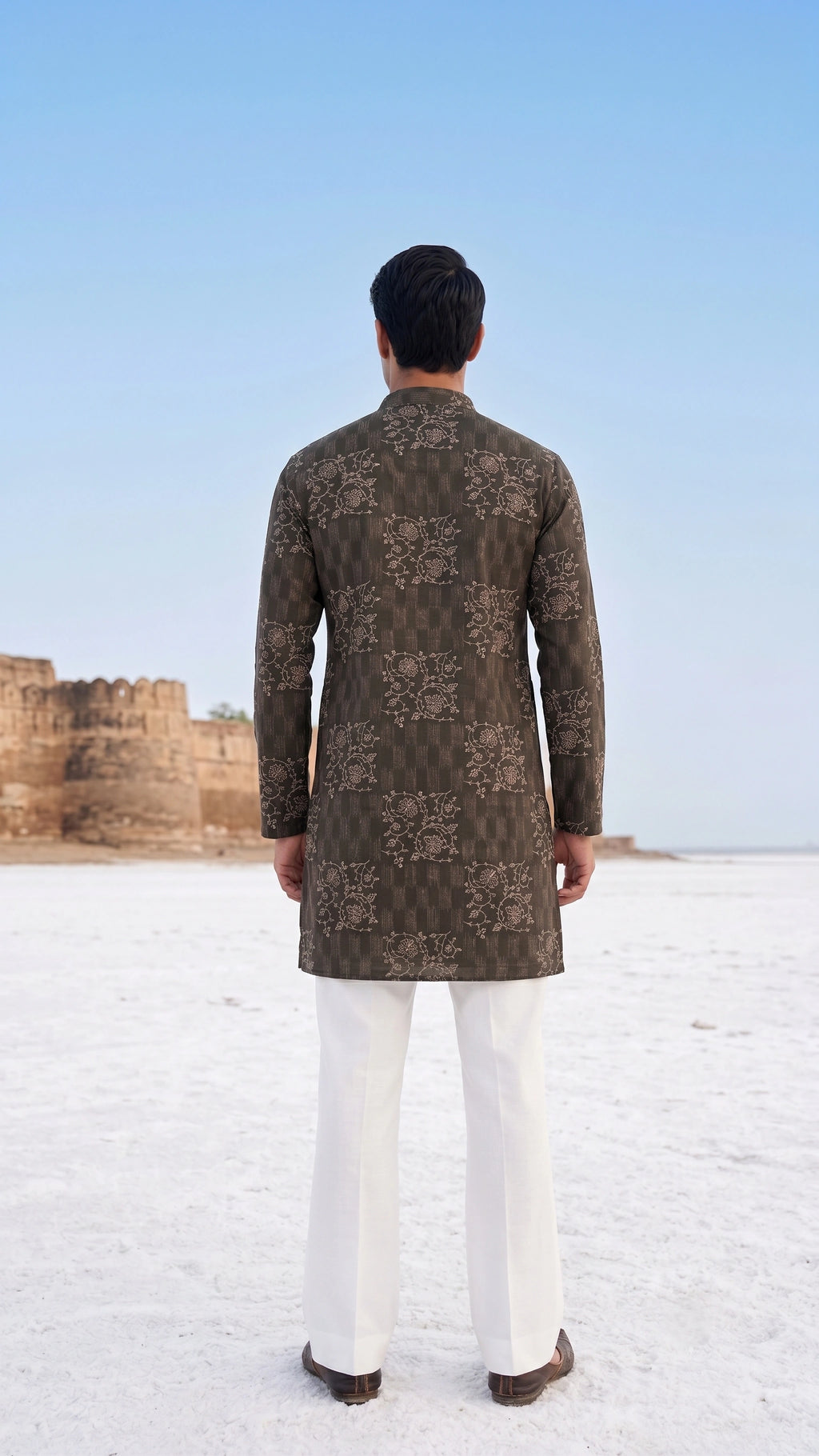 Charcoal Jacquard Embroidered Kurta Set with Bootcut Trousers
