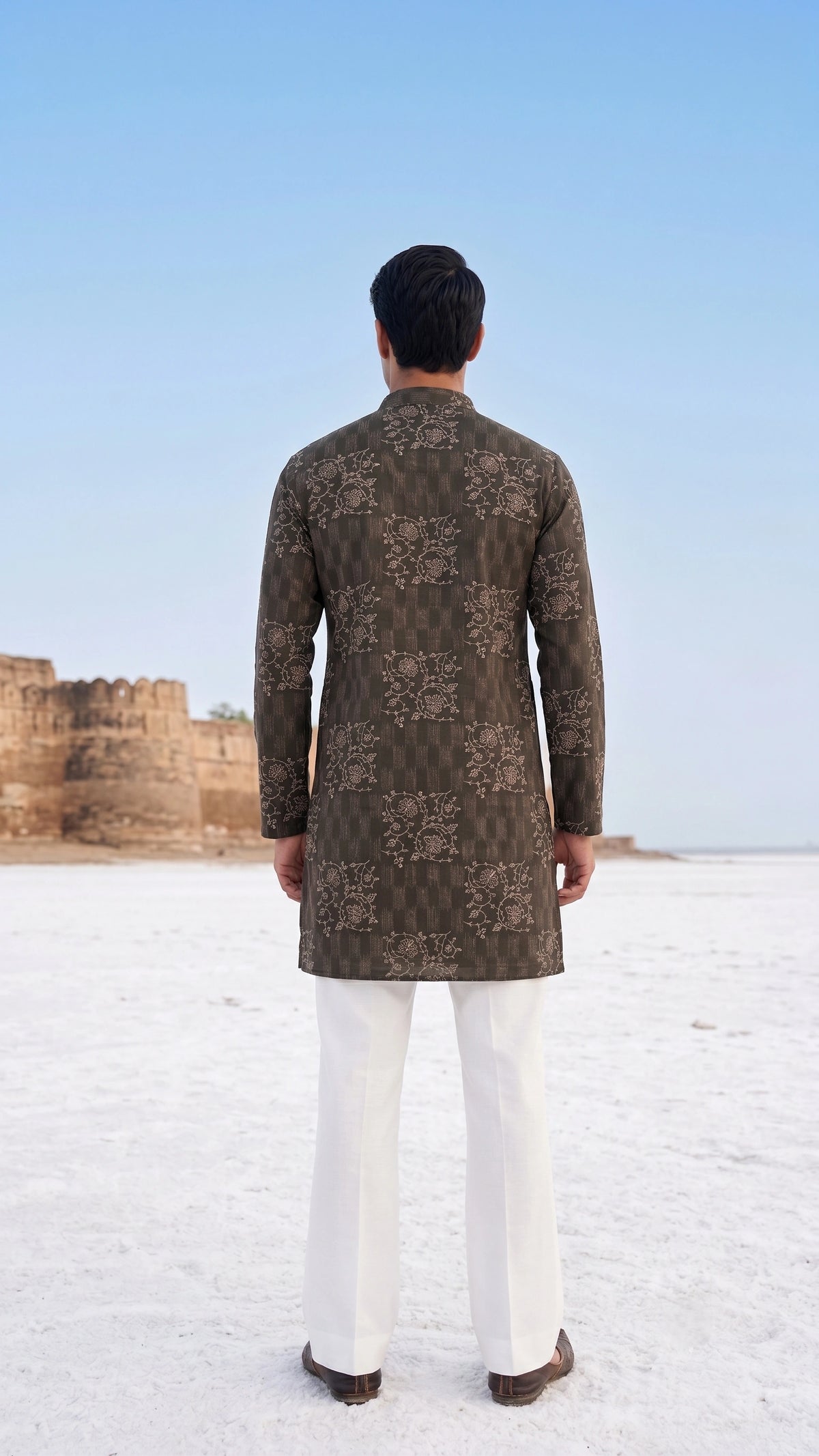 Charcoal Jacquard Embroidered Kurta Set with Bootcut Trousers