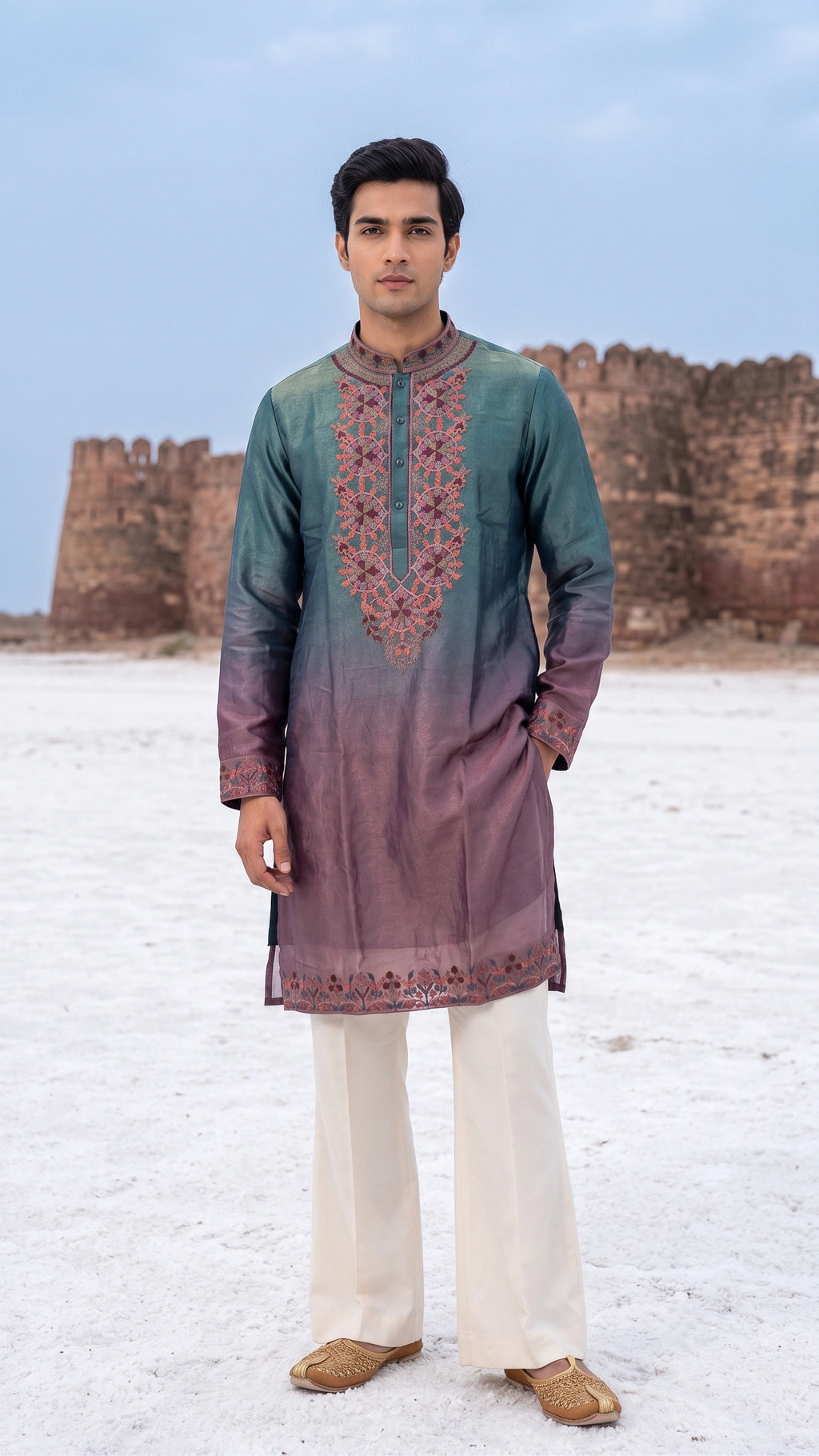 Teal to Mauve Ombré Embroidered Chanderi Silk Kurta