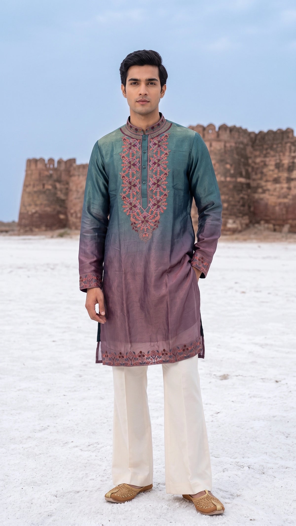 Teal to Mauve Ombré Embroidered Chanderi Silk Kurta