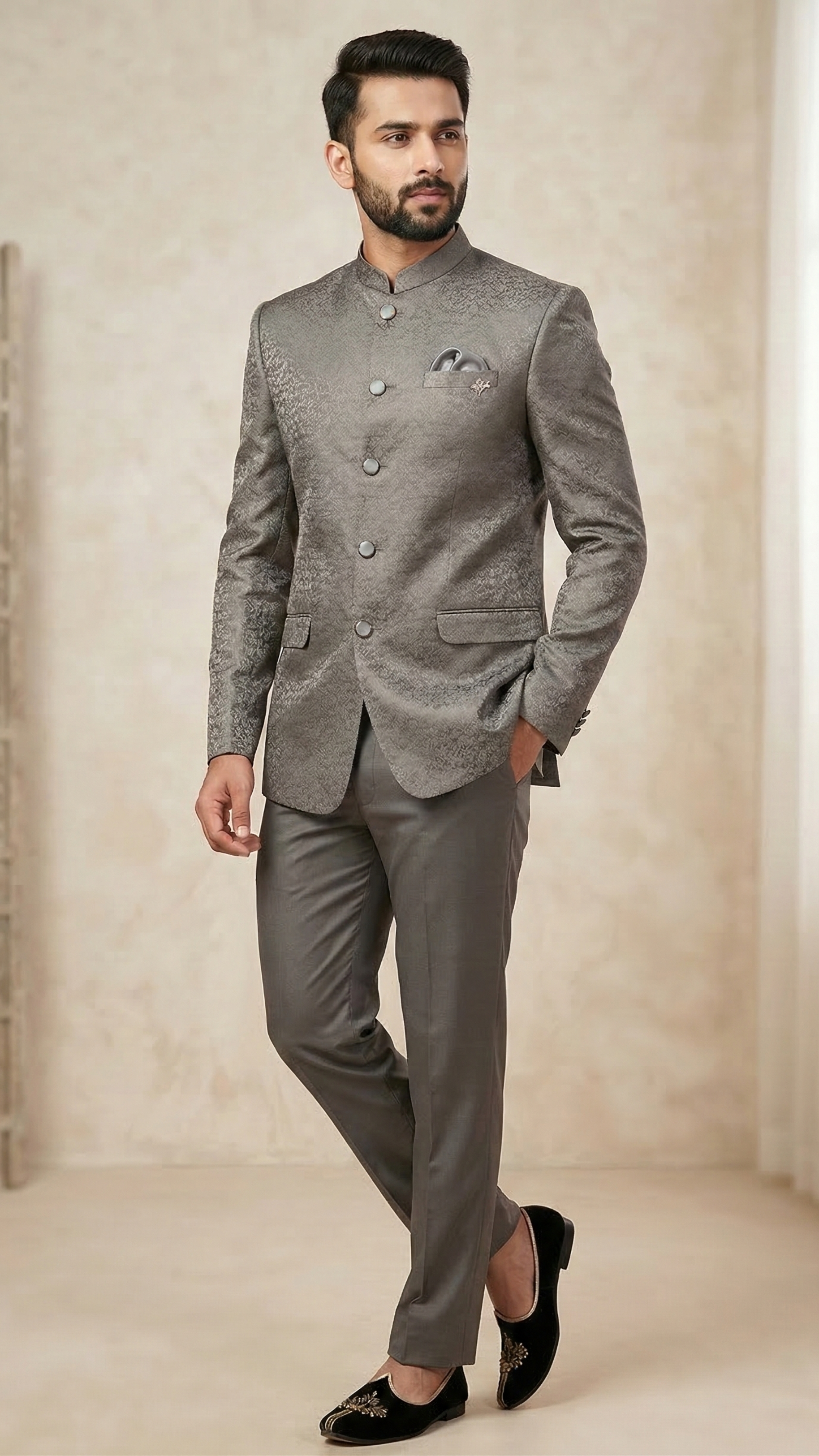 Elegant Slate Grey Textured Jodhpuri Suit
