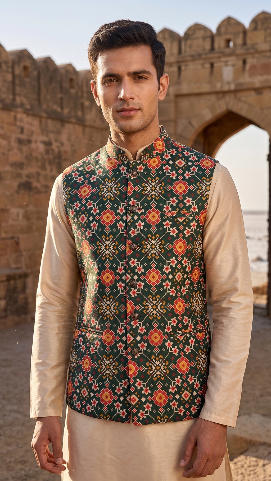 Regal Emerald Patola Print Nehru Jacket