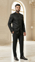 Men’s Charcoal Black Floral Jacquard Jodhpuri Suit