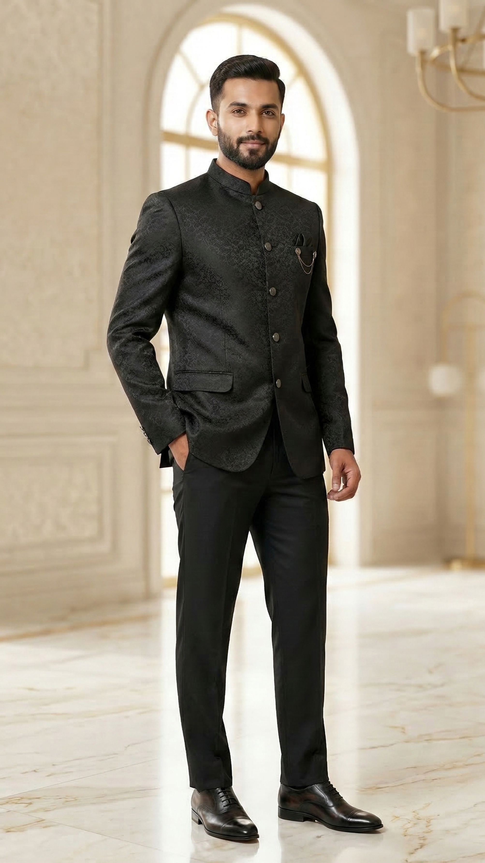 Men’s Charcoal Black Floral Jacquard Jodhpuri Suit