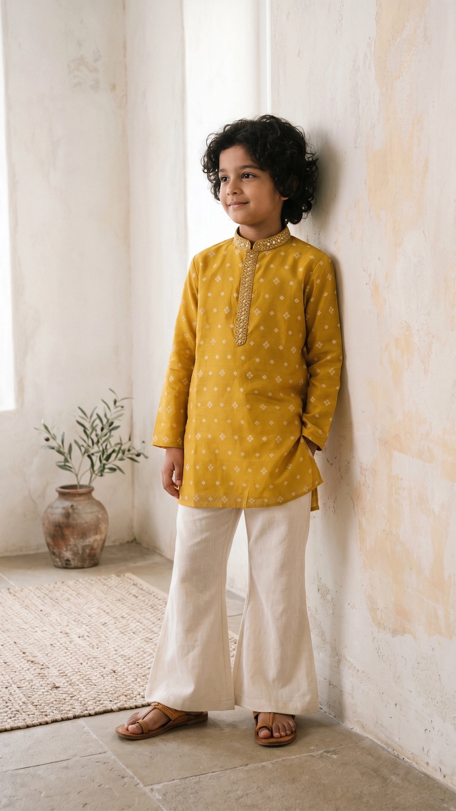 Mustard Yellow Bandhani Print Kurta Set with Mirror Work Neckline & Off-White Flared Trousers