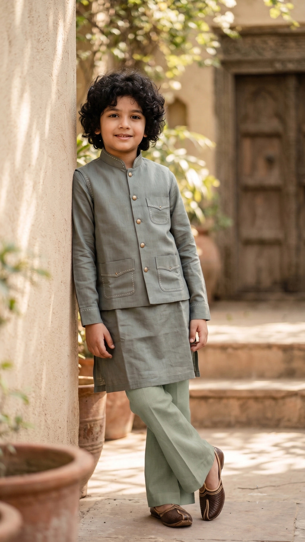 Boys Sage Green Textured Kurta Set with Tailored Waistcoat & Trousers