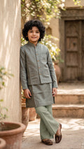 Boys Sage Green Textured Kurta Set with Tailored Waistcoat & Trousers