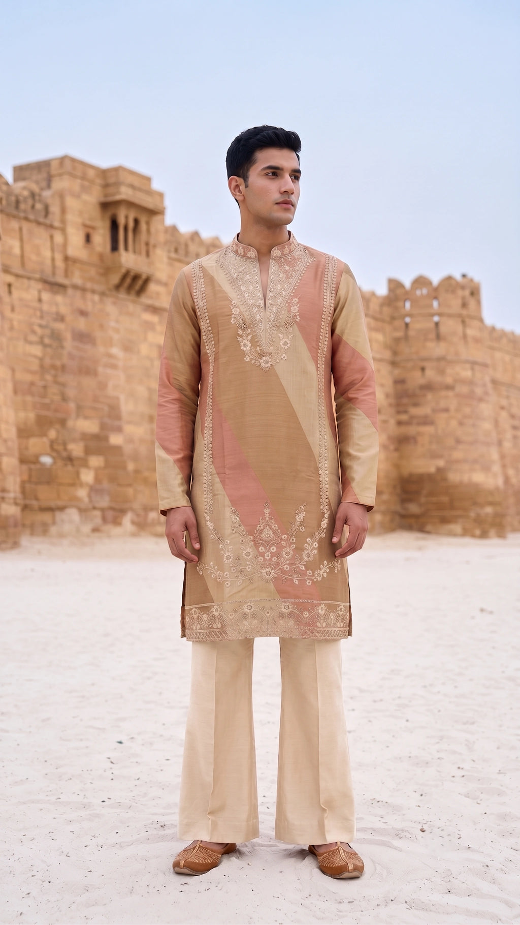 Muted Blush & Champagne Silk Kurta Set with Intricate Resham Embroidery