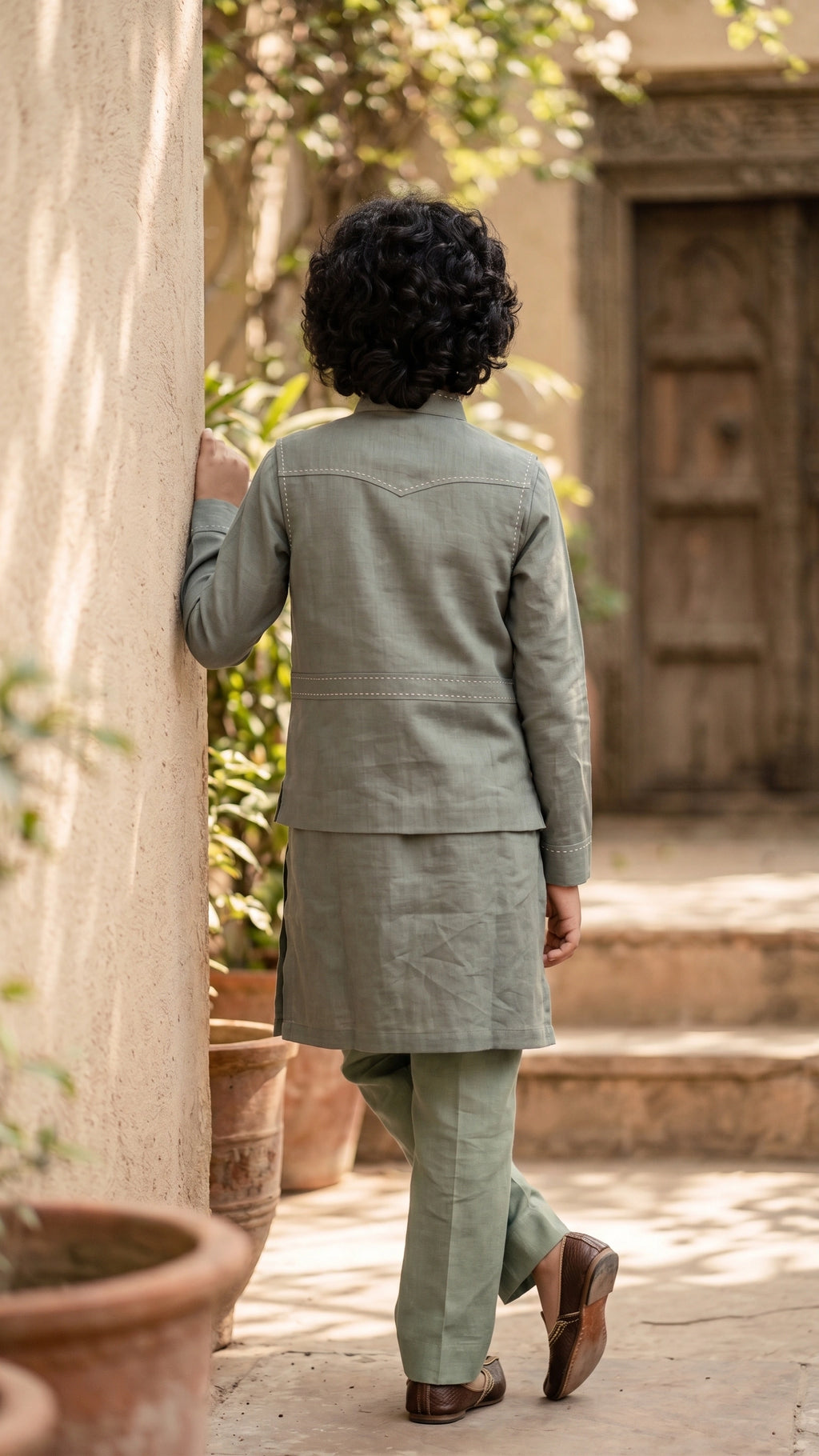 Boys Sage Green Textured Kurta Set with Tailored Waistcoat & Trousers