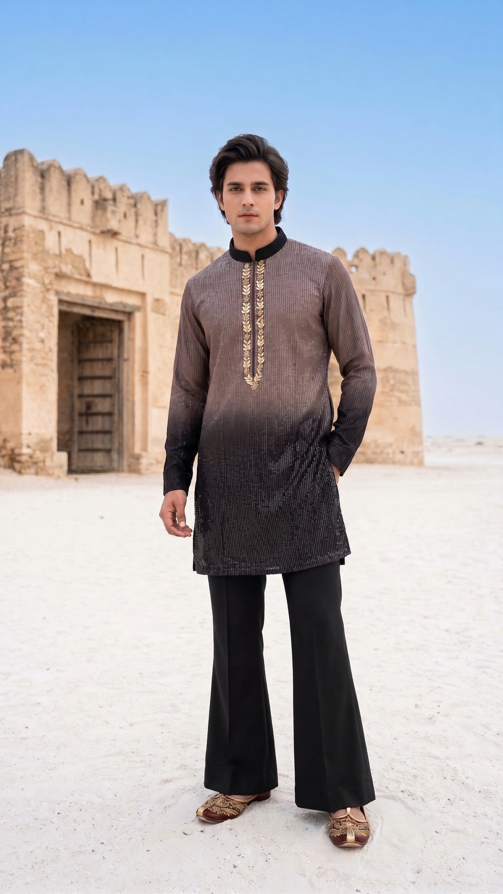 The Midnight Ombré Kurta Set: Charcoal to Jet-Black Shimmer Sequins with Flared Trousers