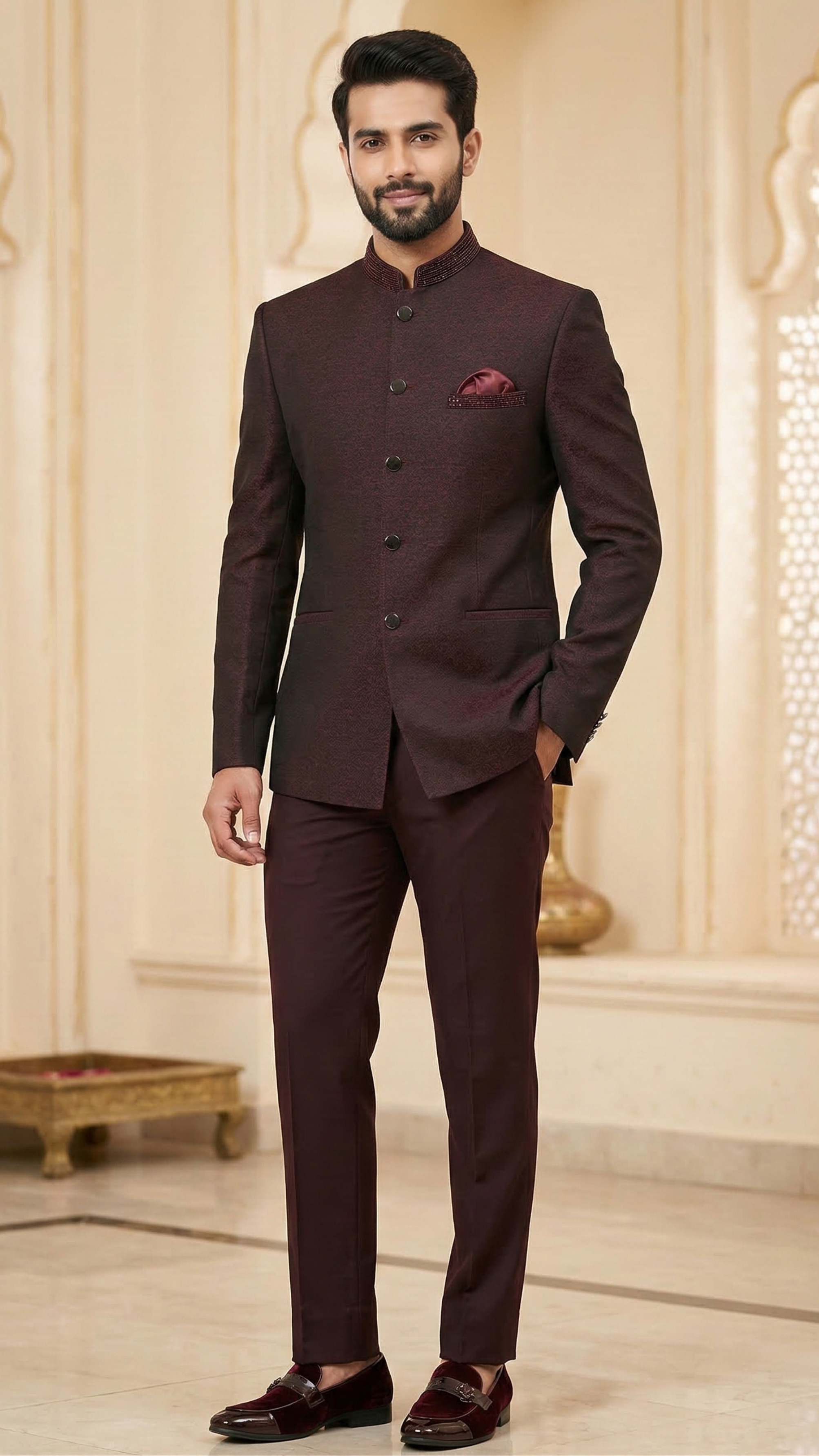 Elegant Wine Textured Jodhpuri Suit