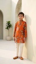 Boys Rust Orange Botanical Print Kurta Set with Off-White Trousers