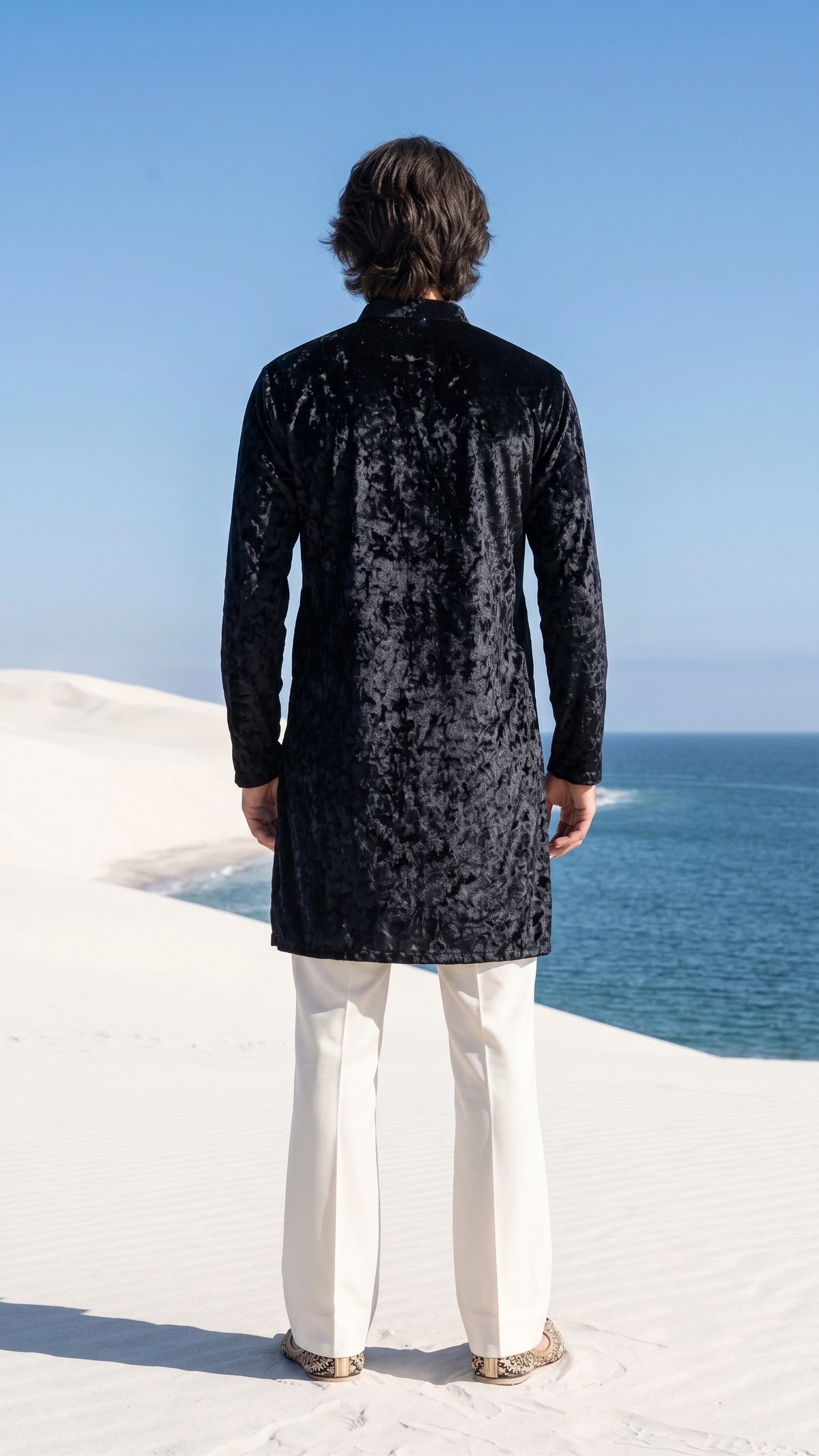 Obsidian Noir Crushed Velvet Kurta – Contemporary Ethnic Menswear