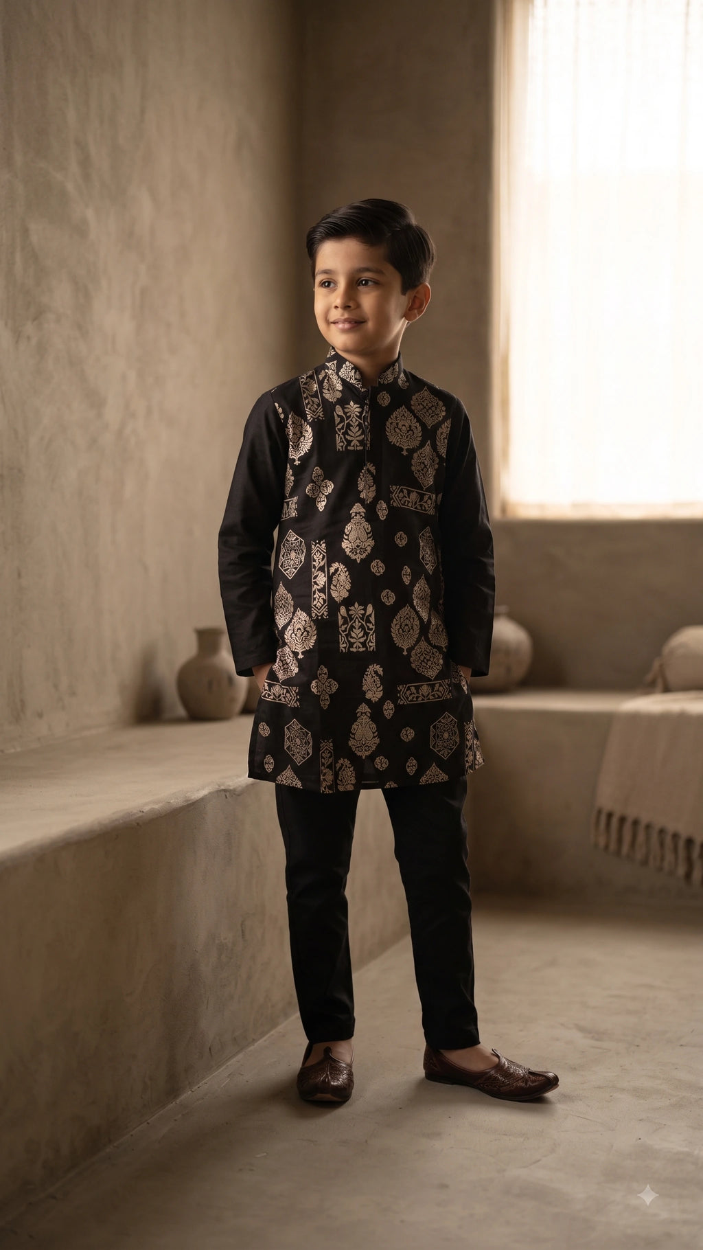 Premium Black & Gold Dual-Design Festive Kurta Set for Boys