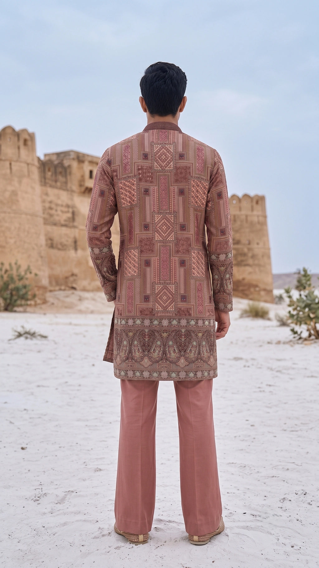 Dusty Rose Geometric & Paisley Printed Zipper Kurta Set