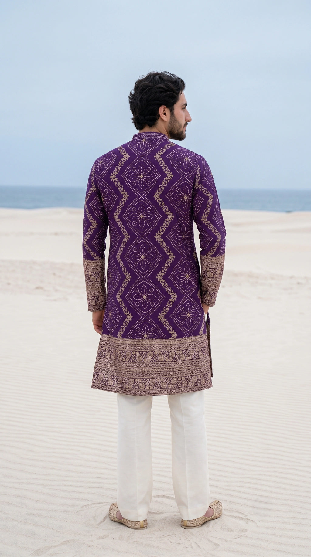 Imperial Violet Embellished Ethnic Kurta Set with Off-White Bootcut Pants
