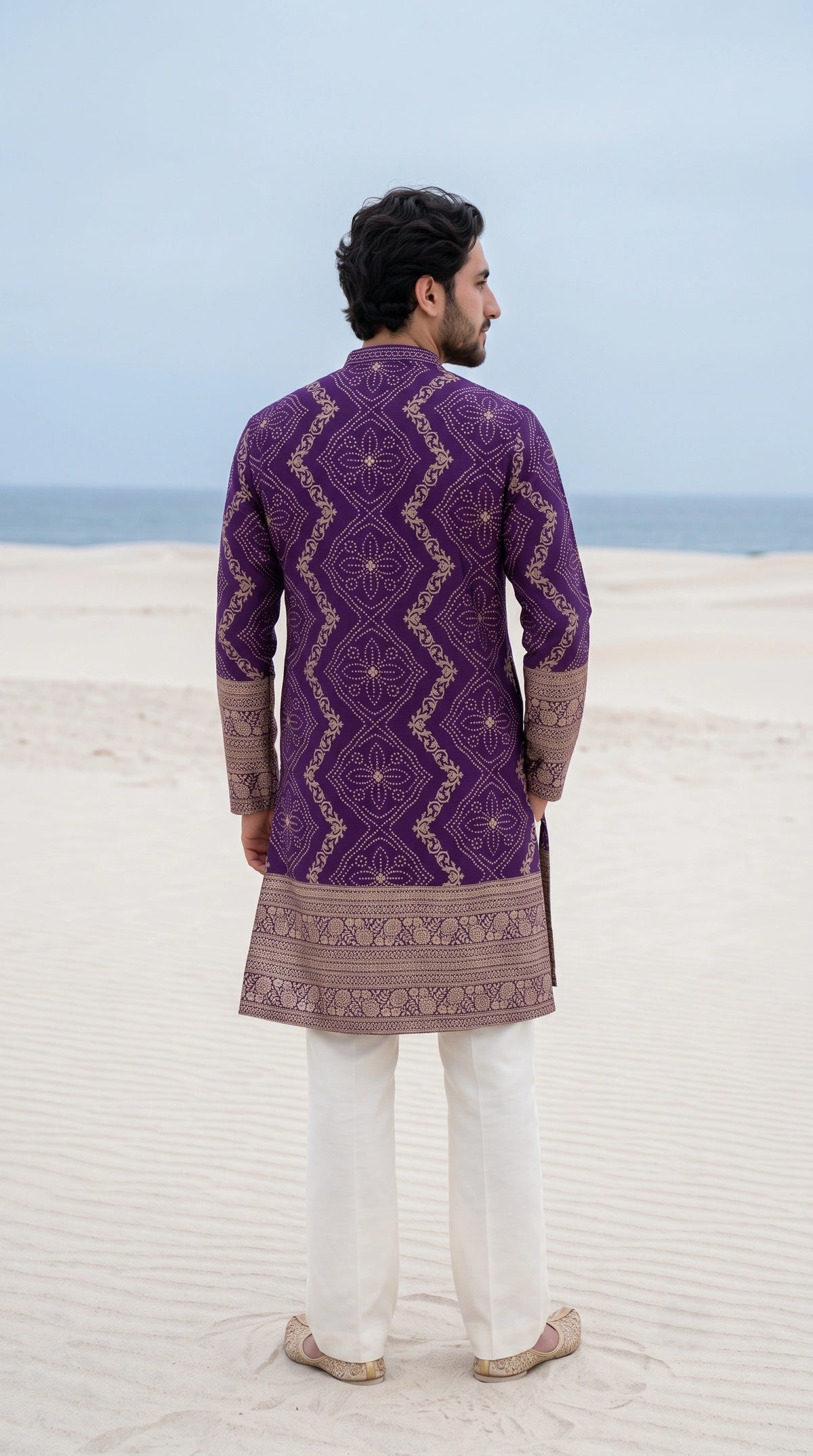 Imperial Violet Embellished Ethnic Kurta Set with Off-White Bootcut Pants