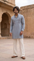 Slate Grey-Blue Resham & Sequin Work Kurta for men