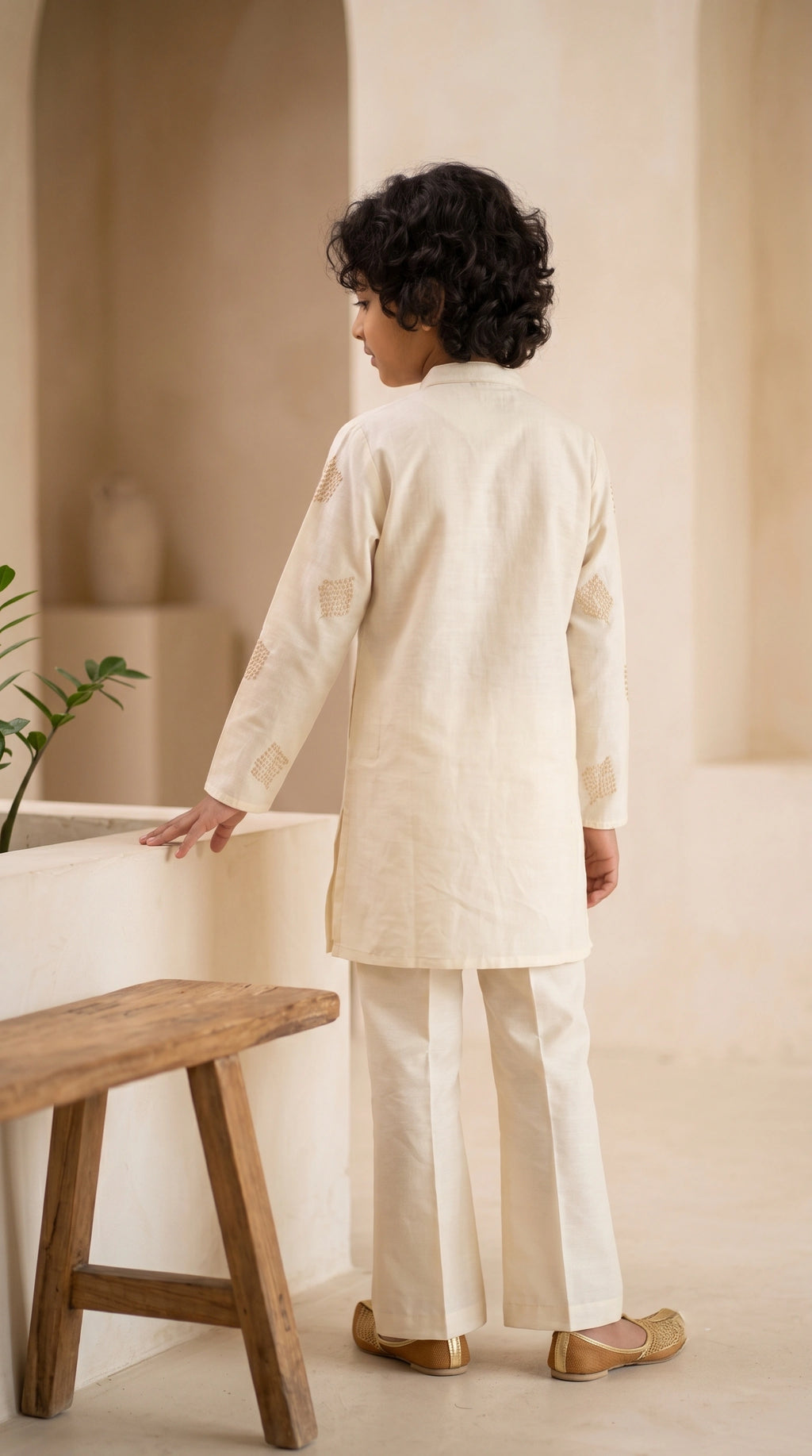 Ivory Georgette Embroidered Boys' Kurta Set with Bootcut Trousers