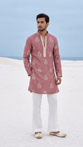 Dusty Rose Embroidered Silk Kurta Set with Bootcut Trousers