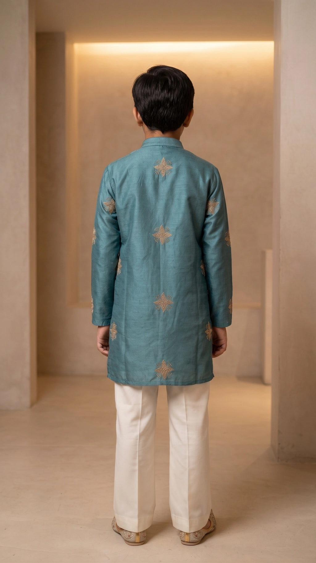 Sea Green Zari-Embroidered Chanderi Silk Kurta & Off-White Bell-Bottom Pant Set