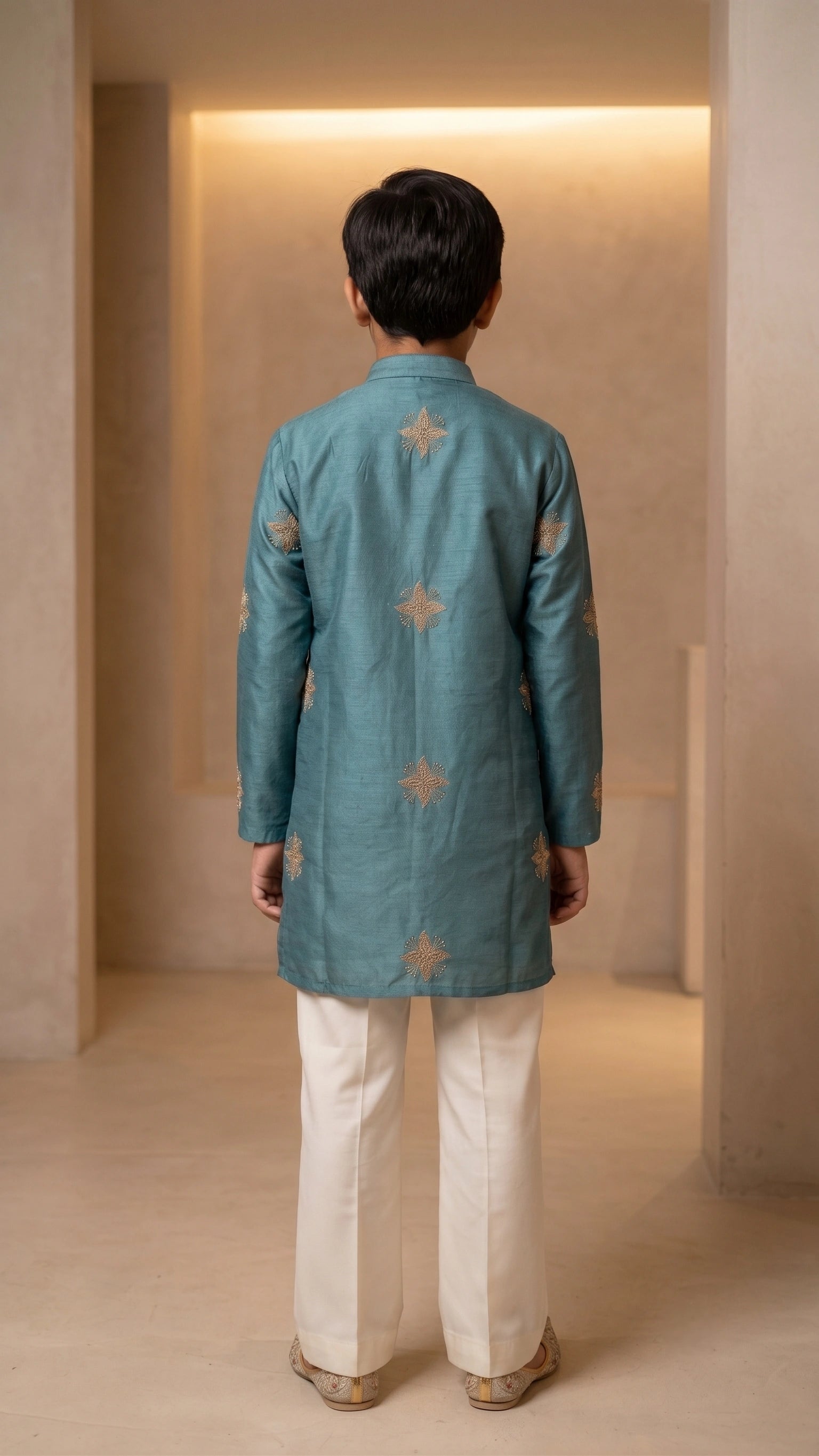 Sea Green Zari-Embroidered Chanderi Silk Kurta & Off-White Bell-Bottom Pant Set