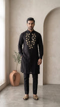 Onyx Black Silk-Linen Kurta Set with Gold Geometric Chest Embroidery