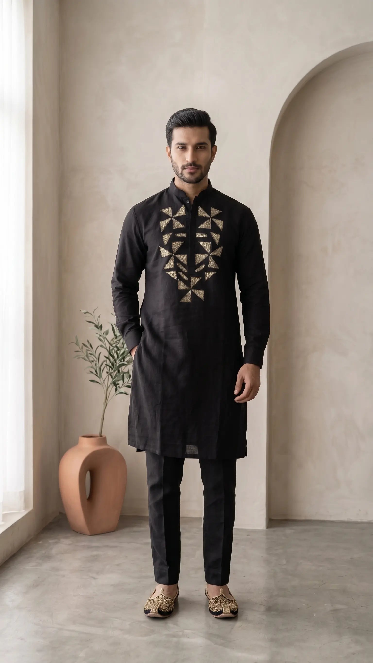 Onyx Black Silk-Linen Kurta Set with Gold Geometric Chest Embroidery
