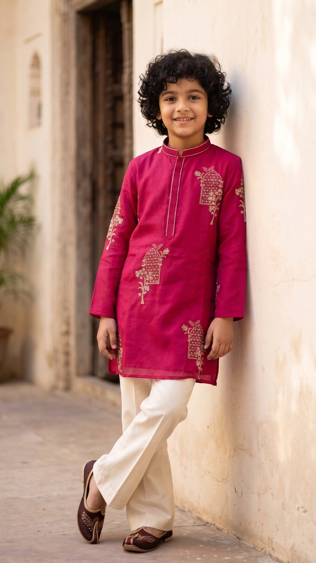 Boys Magenta Silk-Blend Embroidered Kurta with Bell-Bottom Trousers Set