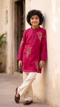 Boys Magenta Silk-Blend Embroidered Kurta with Bell-Bottom Trousers Set