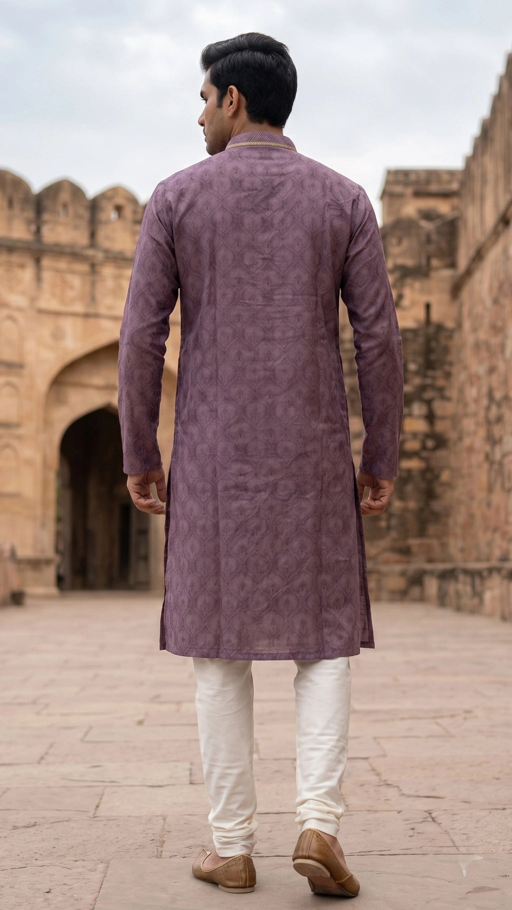 Dusty Mauve Printed Jacquard Kurta with Embroidered Mandarin Collar