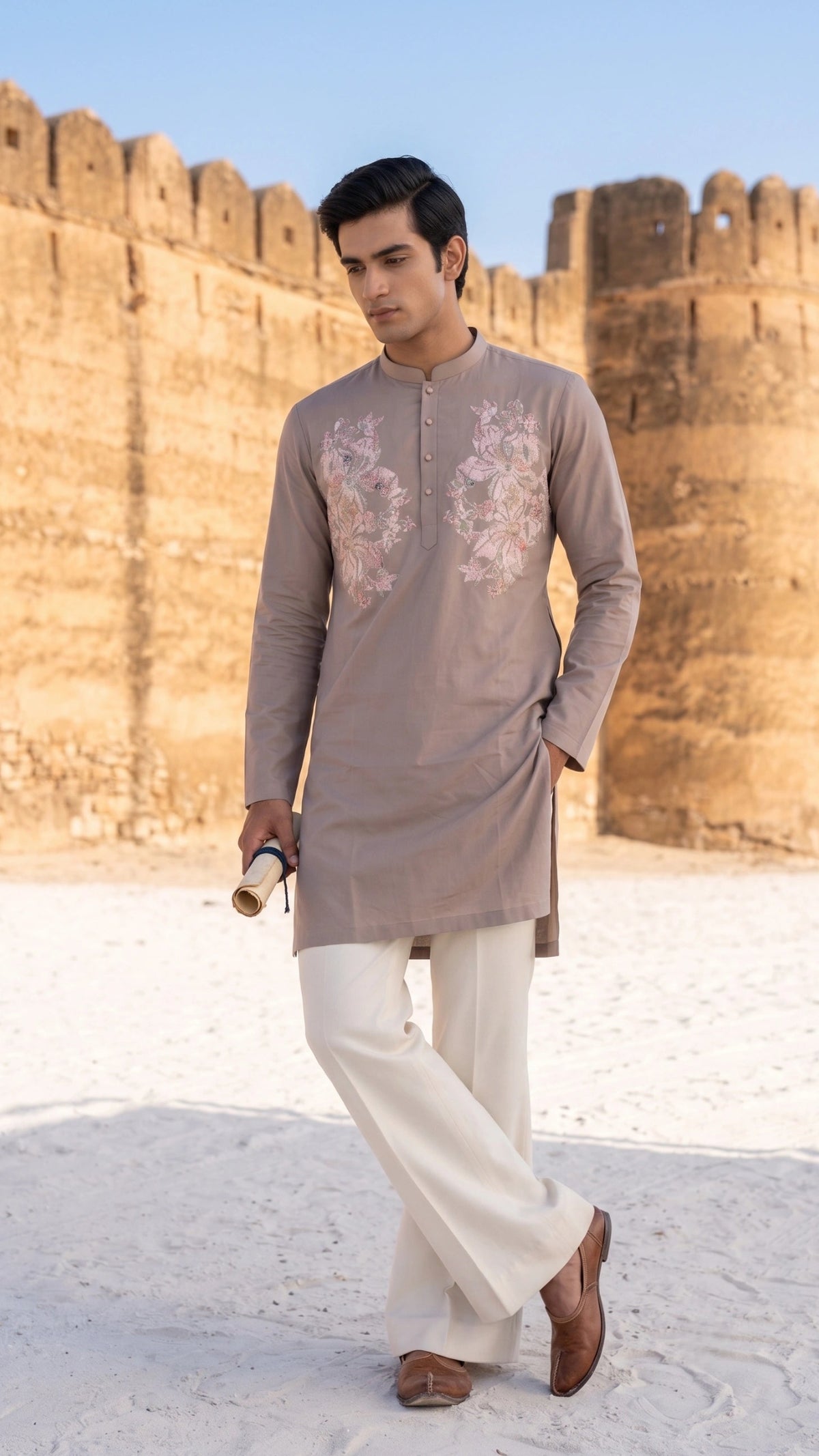Men’s Taupe Heritage Kurta with Pastel Floral Embroidery