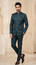 Men’s Emerald Teal Self-Design Jodhpuri Suit
