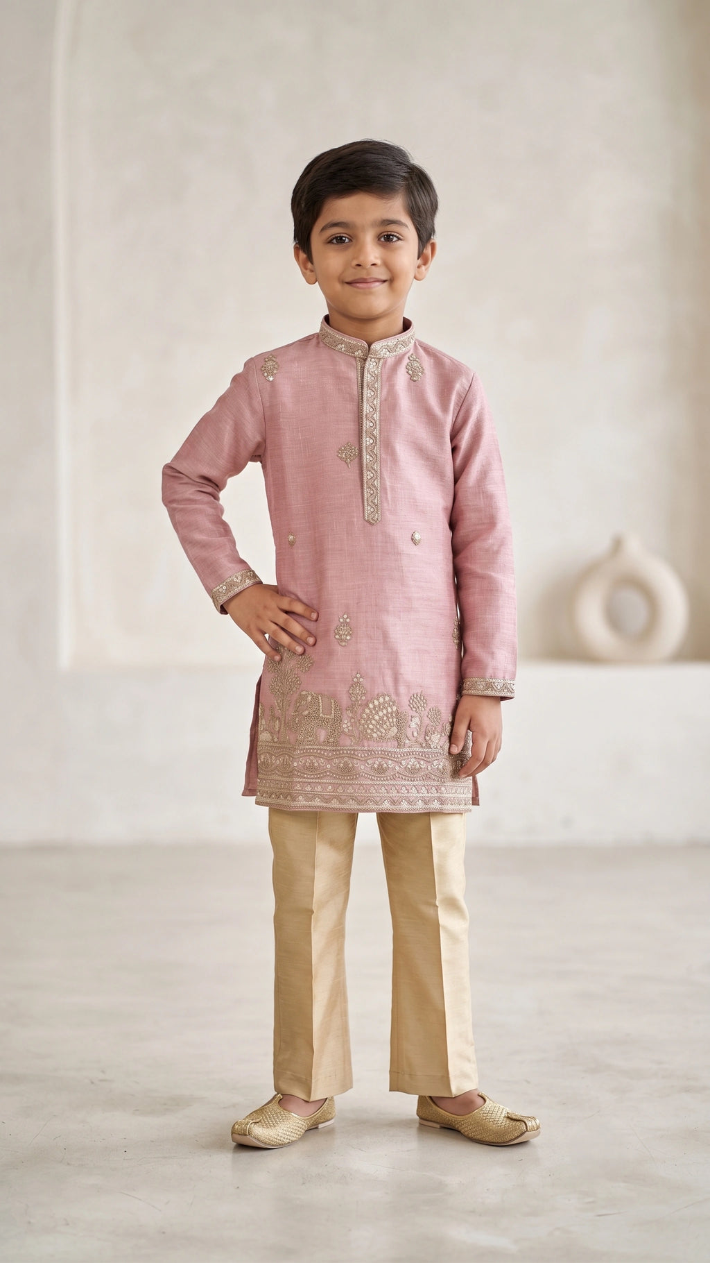 Dusty Rose Handcrafted Embroidered Kurta Set for Boys
