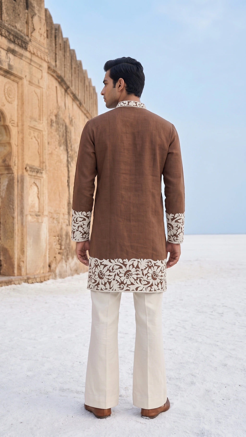 Mocha Brown Linen-Blend Kurta with Ivory Cutwork Embroidery