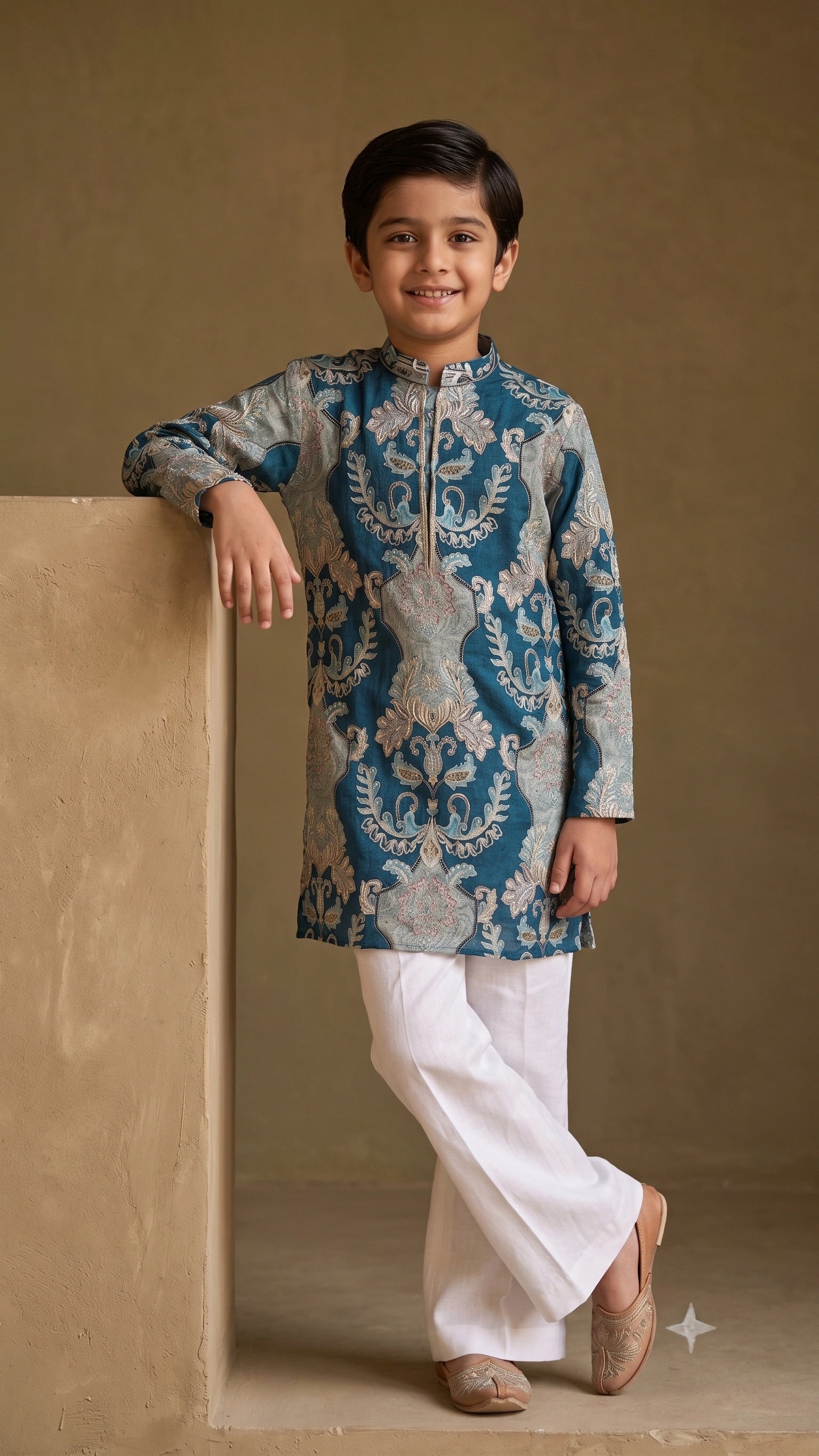 Boys Royal Teal Damask Embroidered Kurta Set with Broad-Fit White Trousers