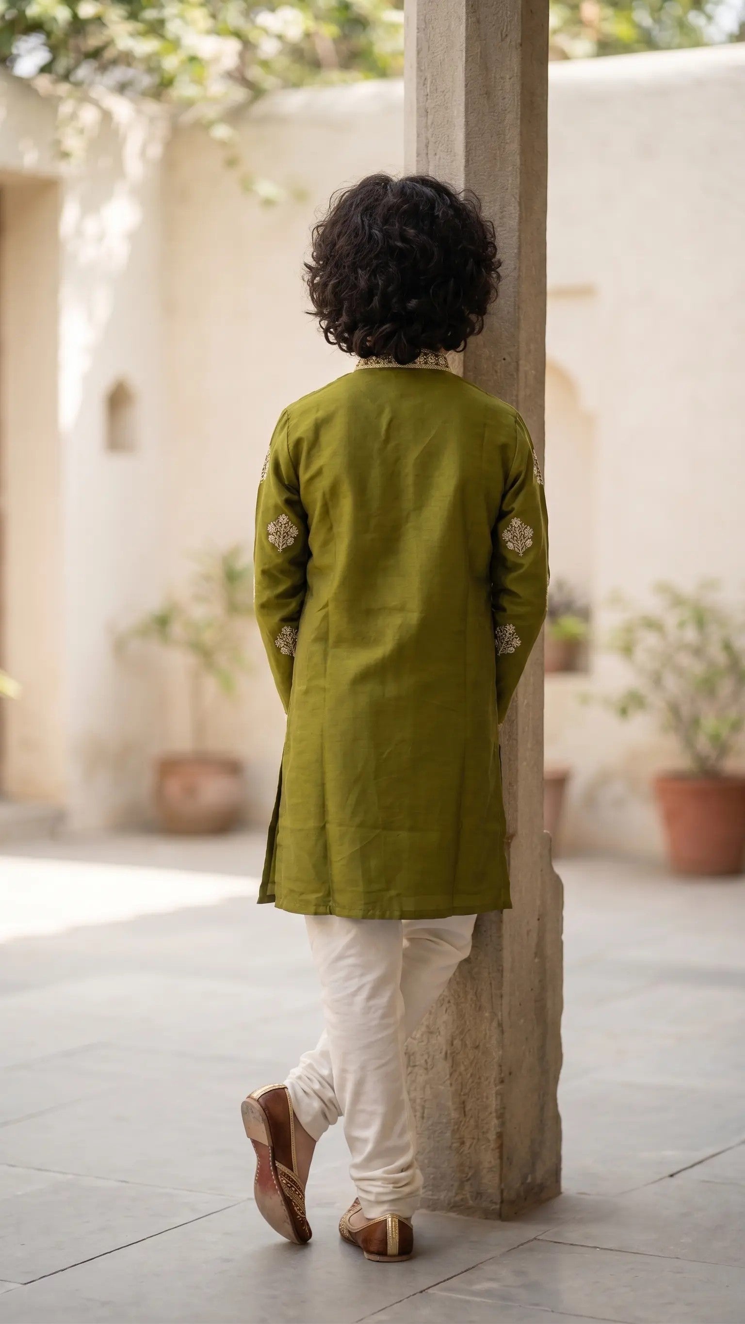 Boys Olive Green Embroidered Silk-Blend Kurta Set with White Pyjama