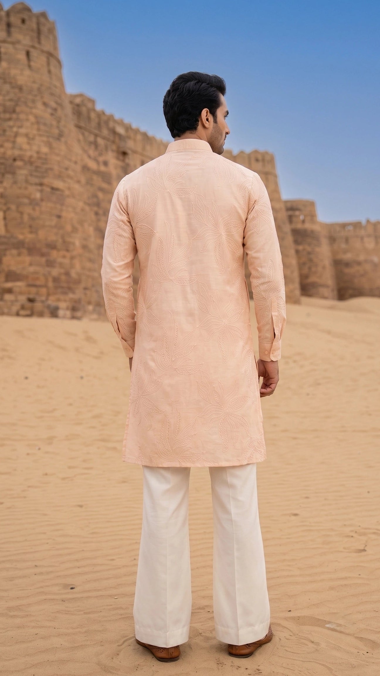 Pastel Peach Embroidered Kurta with Mandarin Collar & Cuffed Sleeves