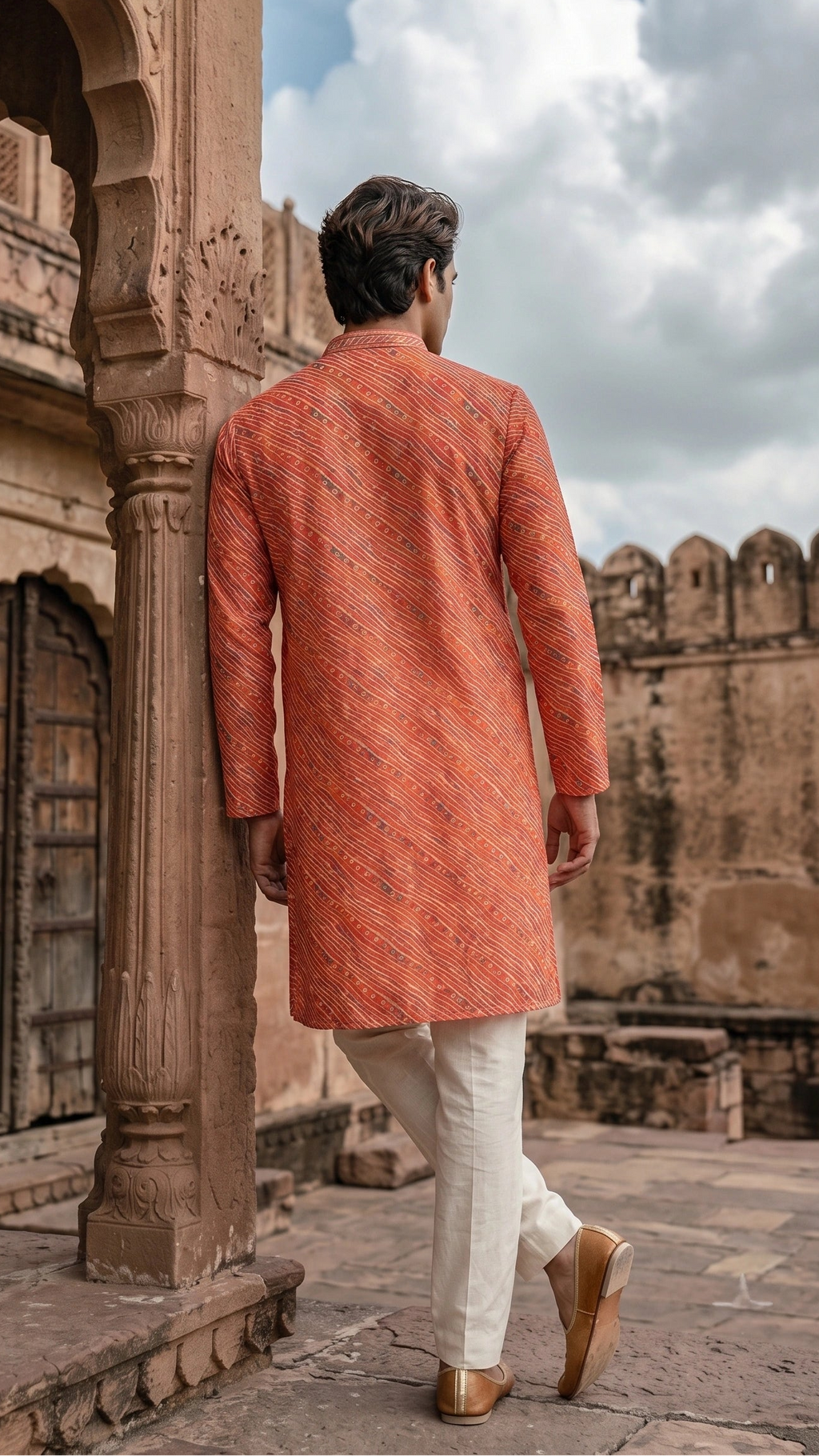 Rust Orange Leheriya Pattern Men's Kurta