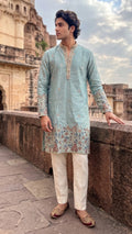 Ice Blue Embroidered Silk Kurta with Floral Border & Embellished Placket
