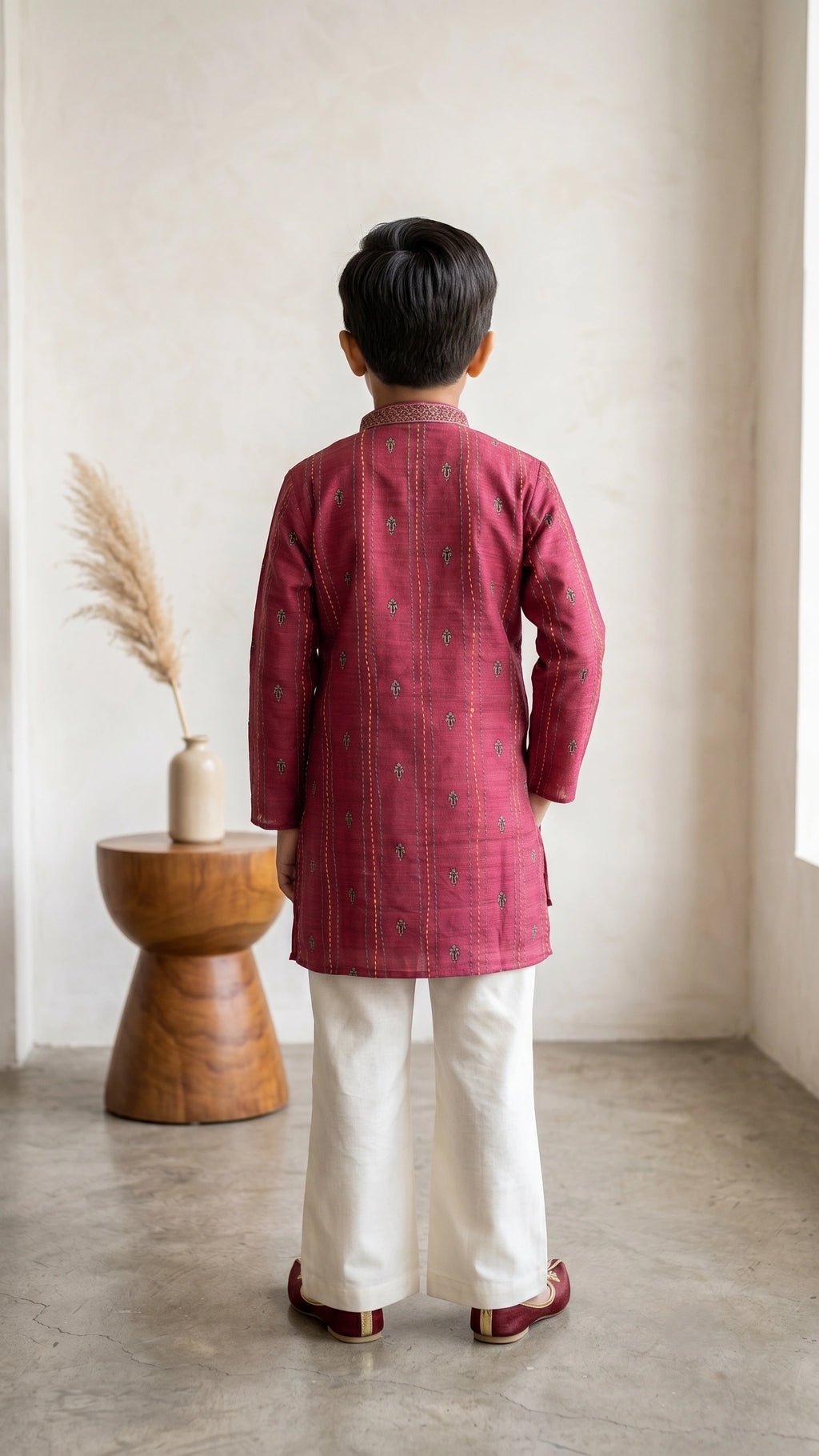 Boys Rich Wine Dupion Silk Kurta Set with Off-White Wide-Leg Trousers