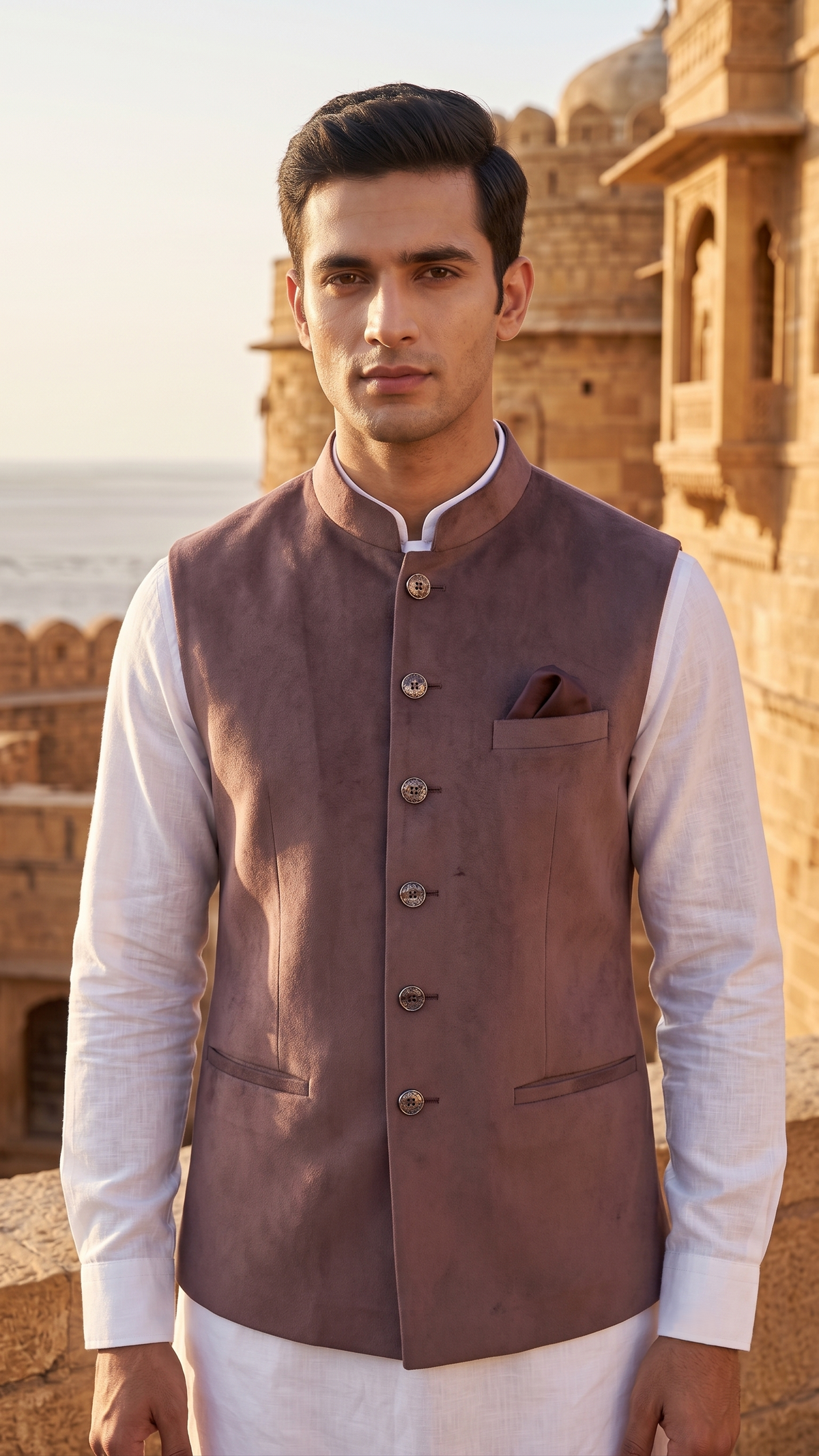 Men’s Rich Mauve-Taupe Suede Nehru Jacket