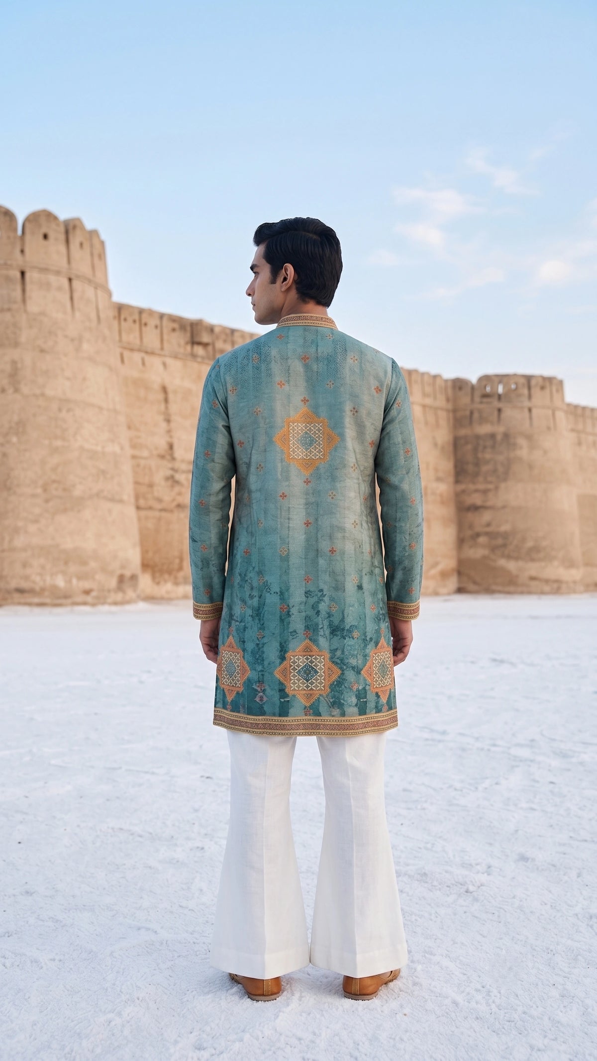 Men’s Slate Blue & Ocher Medallion Motif Embroidered Kurta