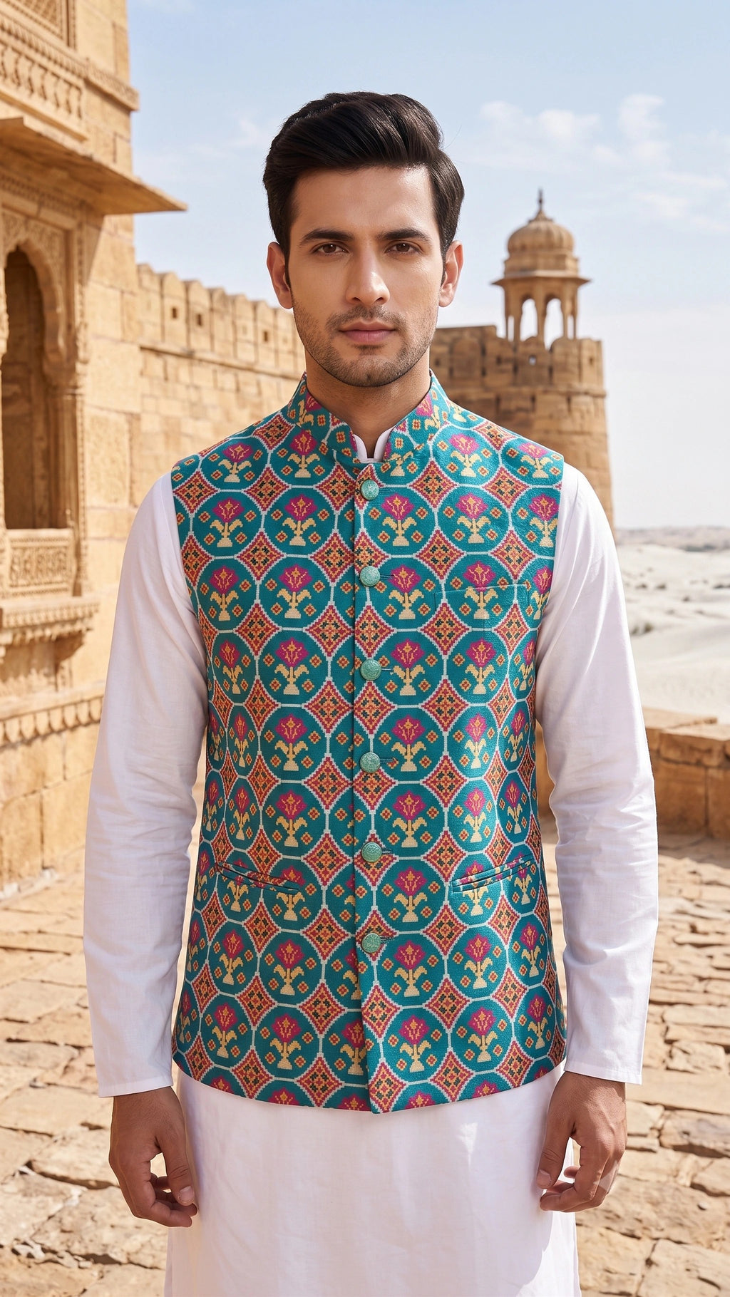 Teal Blue Patola & Floral Motif Woven Silk Nehru Jacket