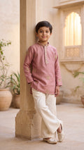 Boys Mauve Pink Embroidered Silk Kurta & Off-White Bell Bottom Set