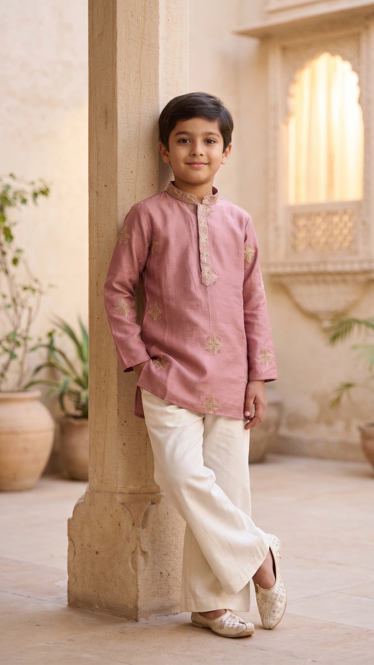 Boys Mauve Pink Embroidered Silk Kurta & Off-White Bell Bottom Set