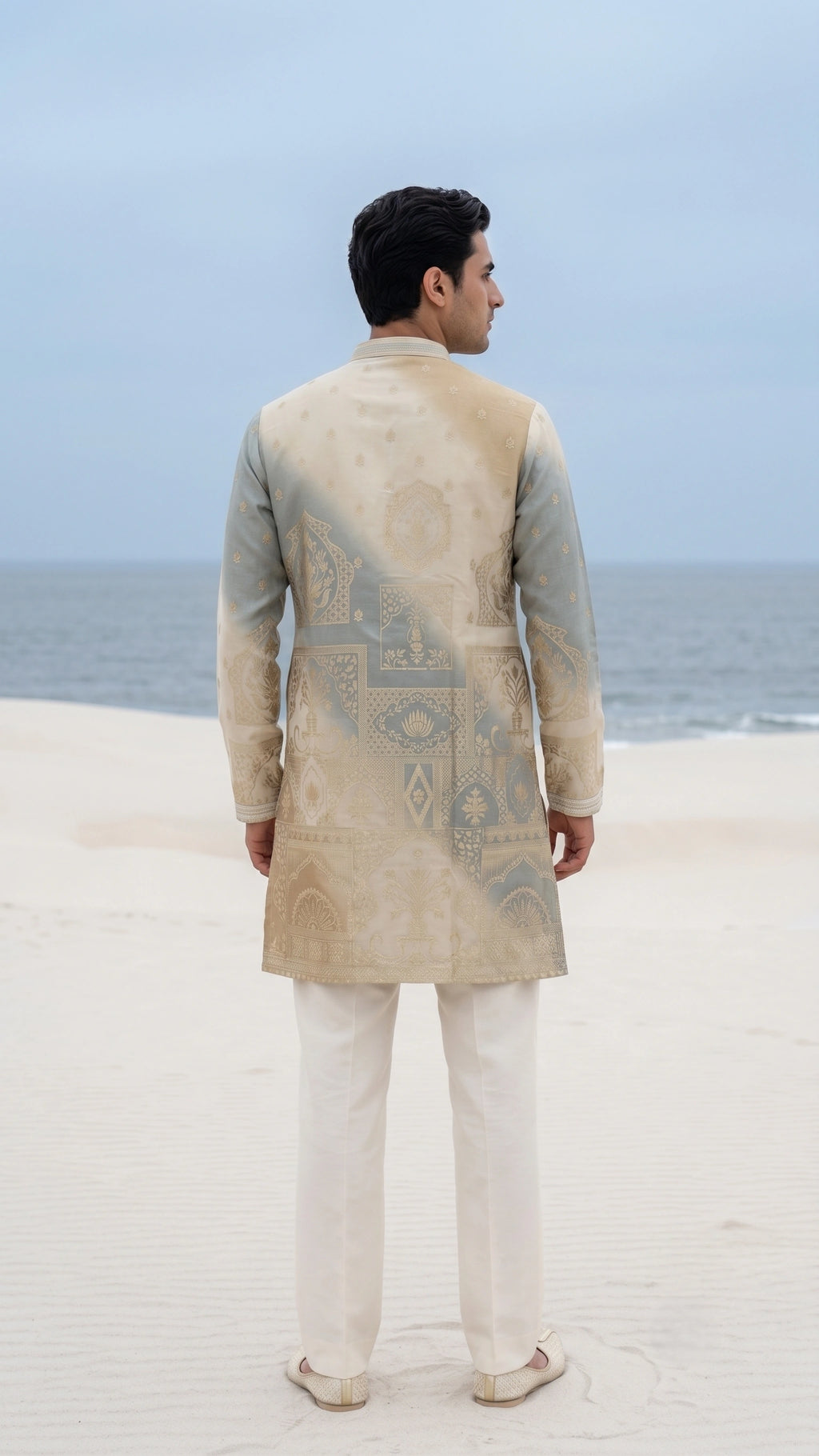 Pale Slate & Champagne Ivory Brocade Kurta Set