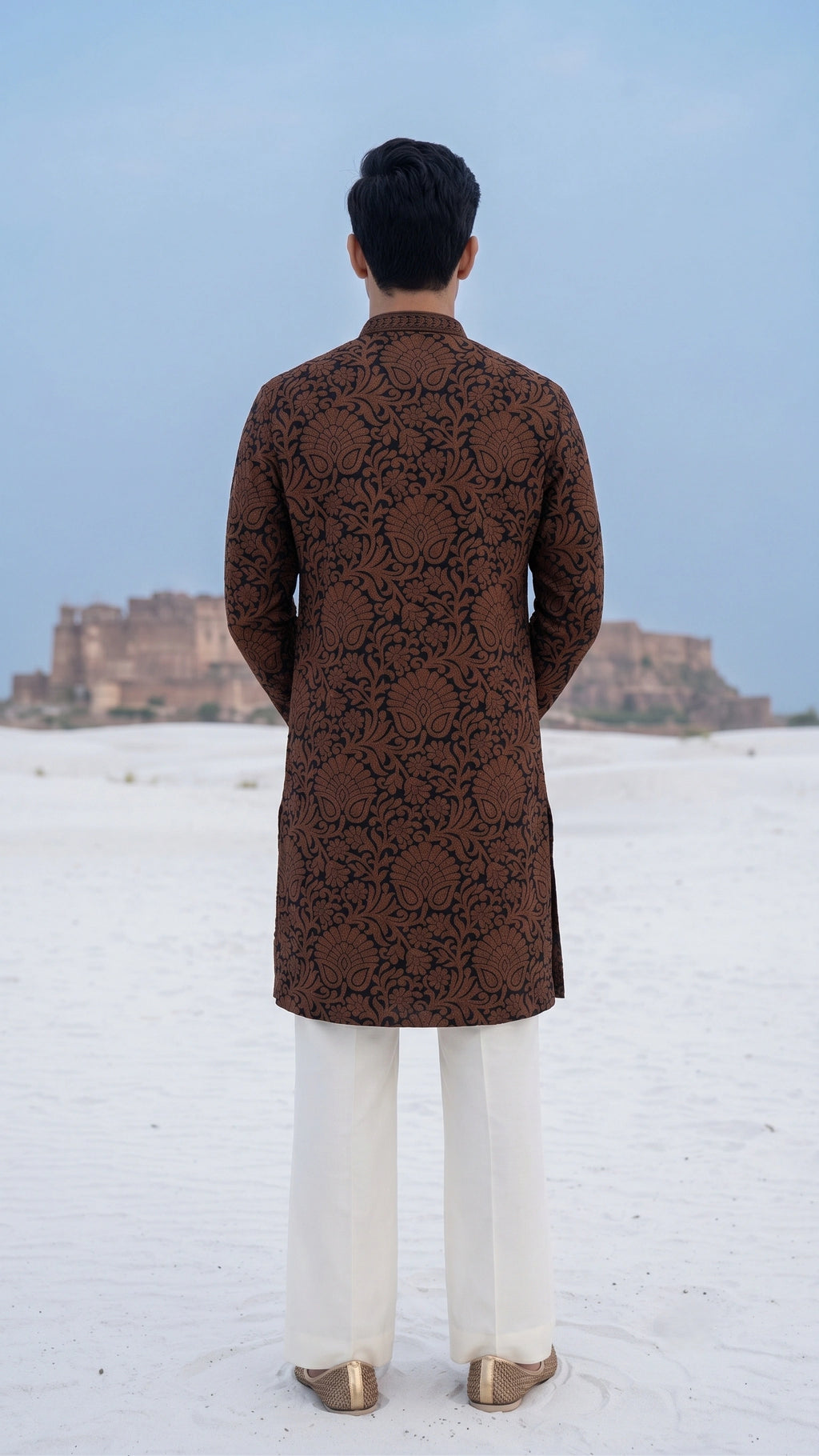 Artisan Noir: Antique Copper Floral Jacquard Kurta for Men