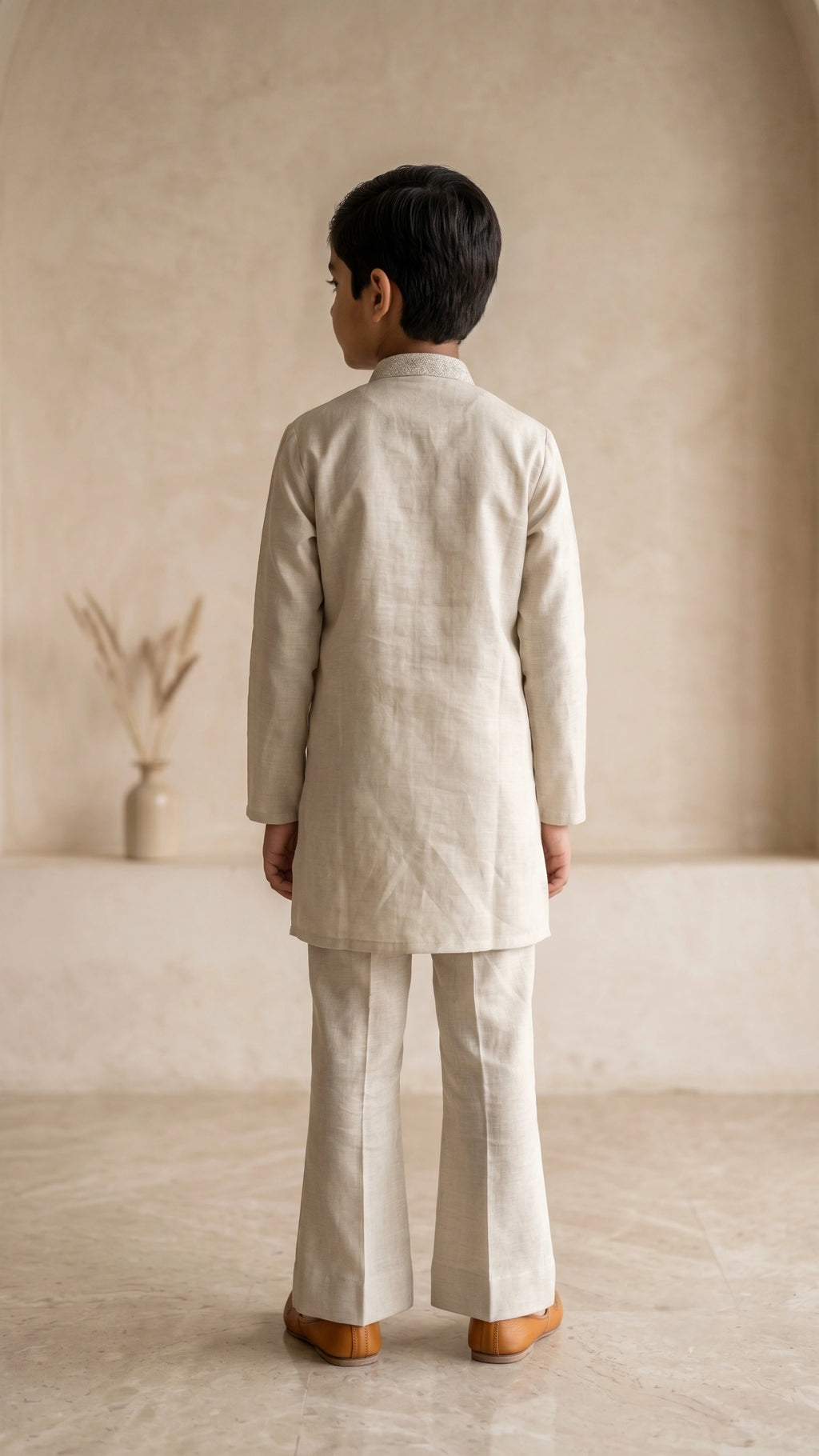 Elegant Cream Thread-Work Kurta & Flared Pant Set for Boys