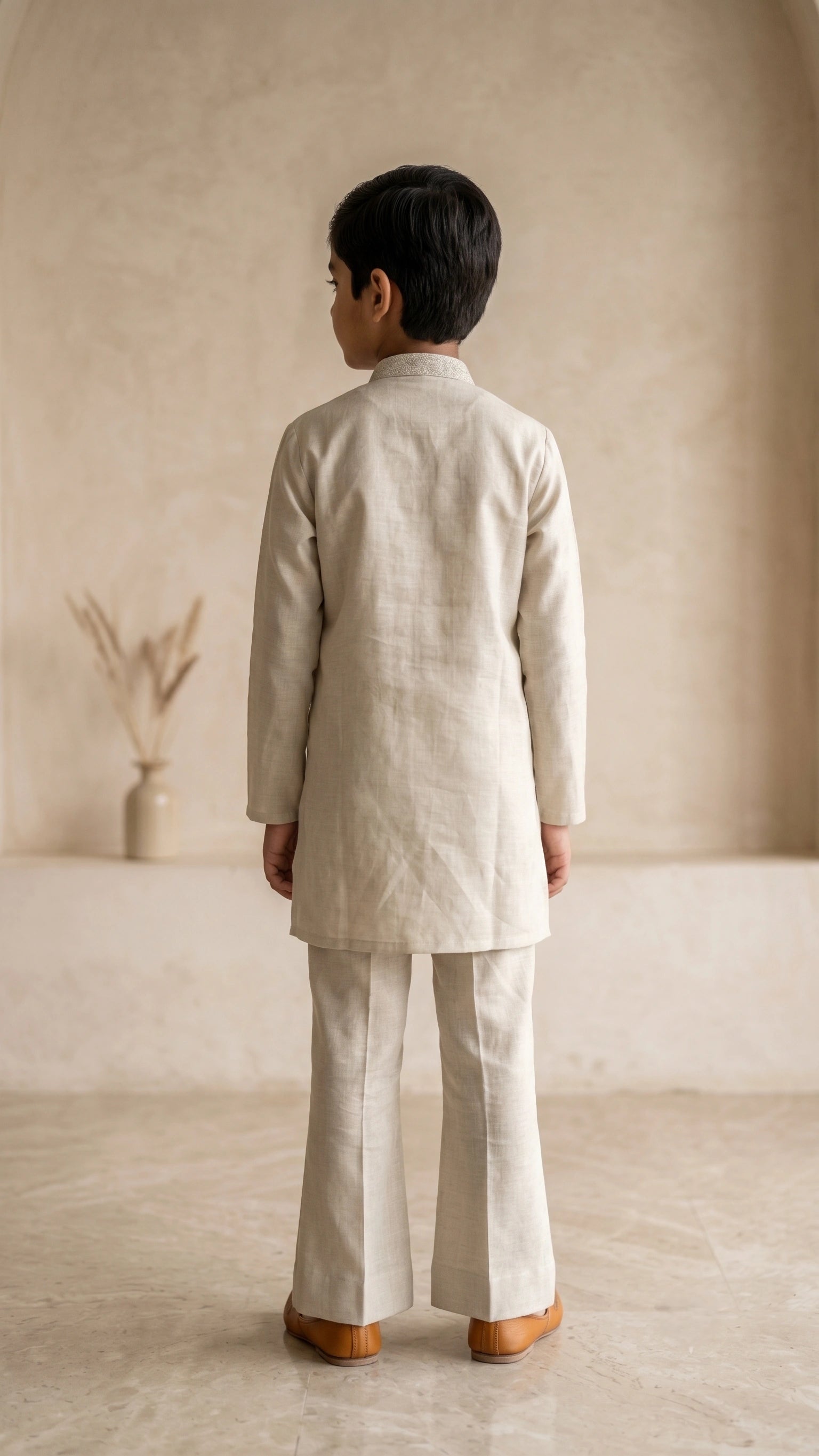 Elegant Cream Thread-Work Kurta & Flared Pant Set for Boys
